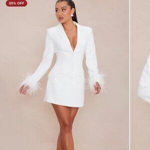 Elegant White Feather-Trim Blazer Dress